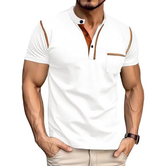 Mens White Short Sleeve Henley T Shirt Casual Slim Fit Muscle Tee Top - Picture 1 of 6